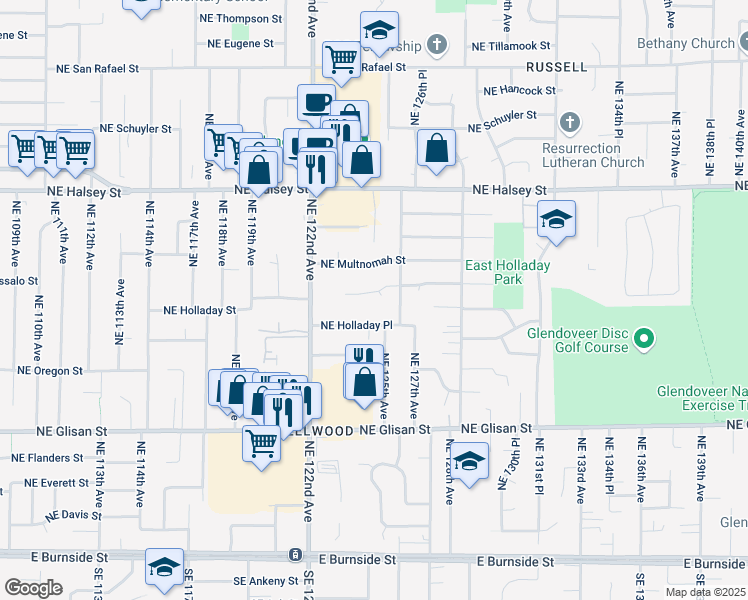 map of restaurants, bars, coffee shops, grocery stores, and more near 12428 Northeast Hassalo Street in Portland