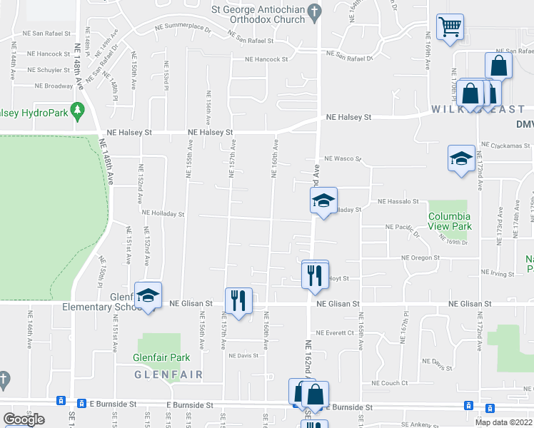 map of restaurants, bars, coffee shops, grocery stores, and more near 15893 Northeast Holladay Street in Portland
