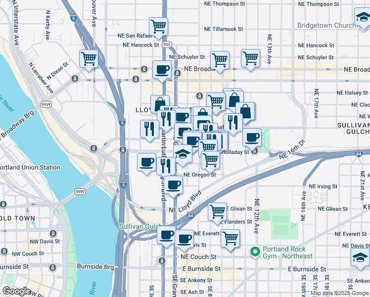 map of restaurants, bars, coffee shops, grocery stores, and more near 533 Northeast Holladay Street in Portland