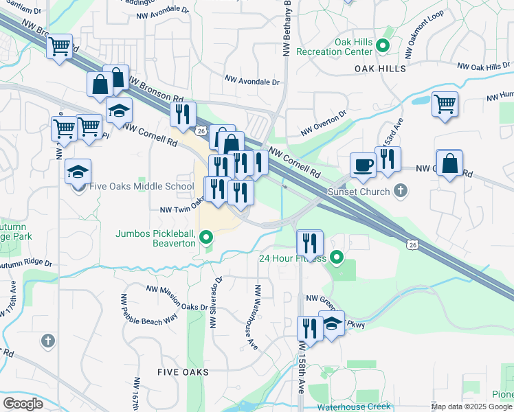 map of restaurants, bars, coffee shops, grocery stores, and more near 1500 Northwest Bethany Boulevard in Beaverton