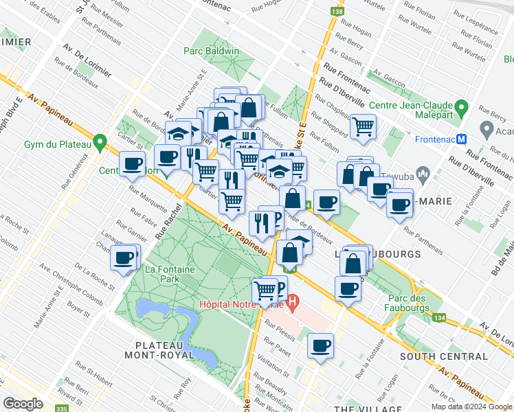 map of restaurants, bars, coffee shops, grocery stores, and more near 3521 Rue Dorion in Montréal