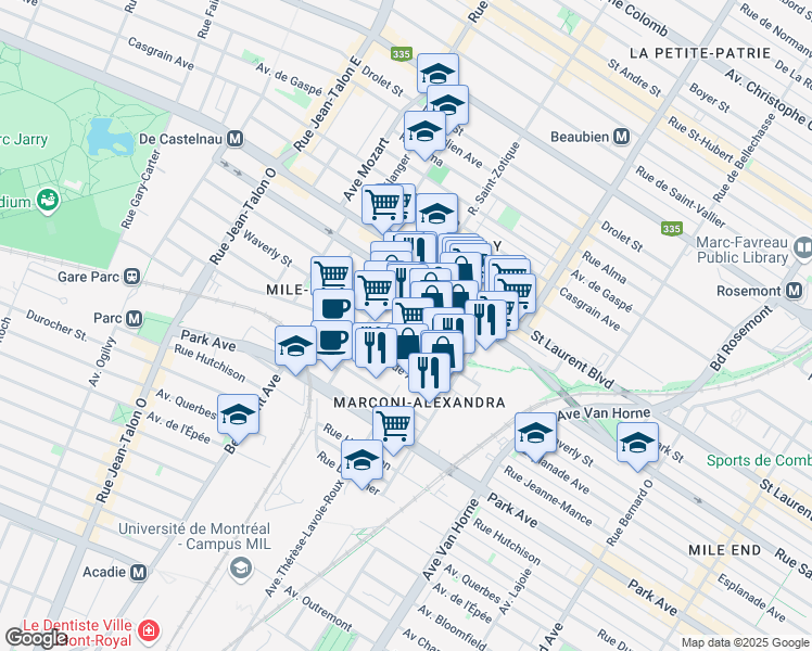 map of restaurants, bars, coffee shops, grocery stores, and more near 6650 Rue Saint-Urbain in Montréal