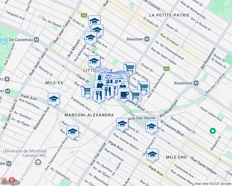 map of restaurants, bars, coffee shops, grocery stores, and more near 6450 Boulevard Saint-Laurent in Montréal