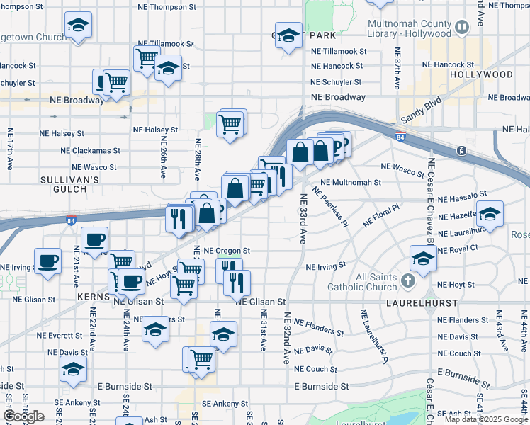 map of restaurants, bars, coffee shops, grocery stores, and more near 3067 Northeast Pacific Street in Portland
