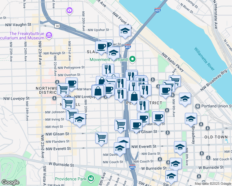 map of restaurants, bars, coffee shops, grocery stores, and more near 1010 Northwest 17th Avenue in Portland