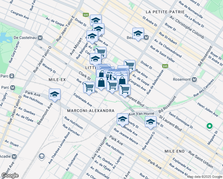 map of restaurants, bars, coffee shops, grocery stores, and more near 30 Rue Beaubien Ouest in Montréal