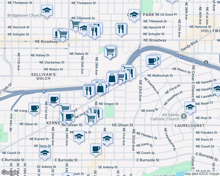 map of restaurants, bars, coffee shops, grocery stores, and more near 1104 Northeast Sullivan Street in Portland