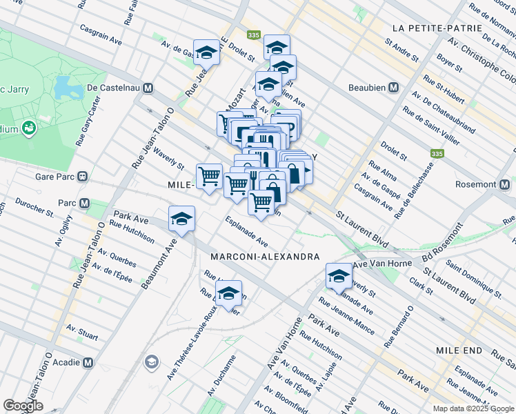 map of restaurants, bars, coffee shops, grocery stores, and more near 6650 Rue Saint-Urbain in Montréal