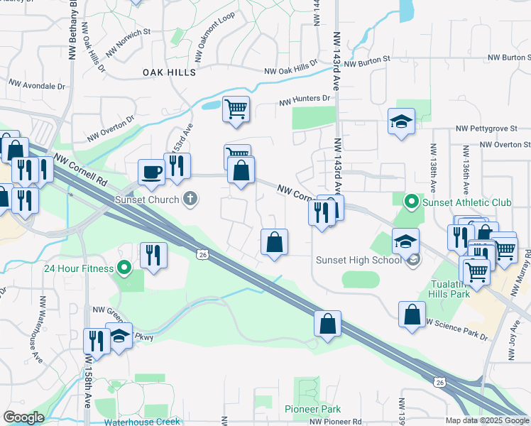 map of restaurants, bars, coffee shops, grocery stores, and more near 14682 Northwest Cornell Road in Portland