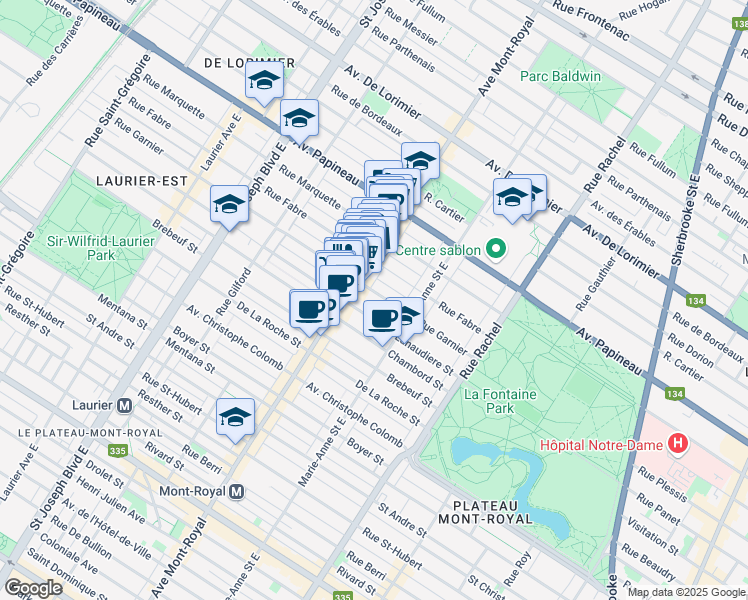 map of restaurants, bars, coffee shops, grocery stores, and more near 4448 Rue Garnier in Montréal