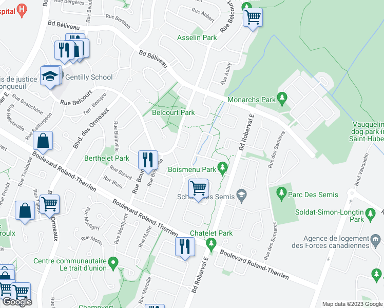 map of restaurants, bars, coffee shops, grocery stores, and more near 1288 Rue Beaujolais in Longueuil