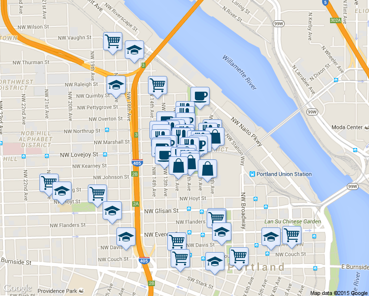 map of restaurants, bars, coffee shops, grocery stores, and more near 1000 Northwest Marshall Street in Portland
