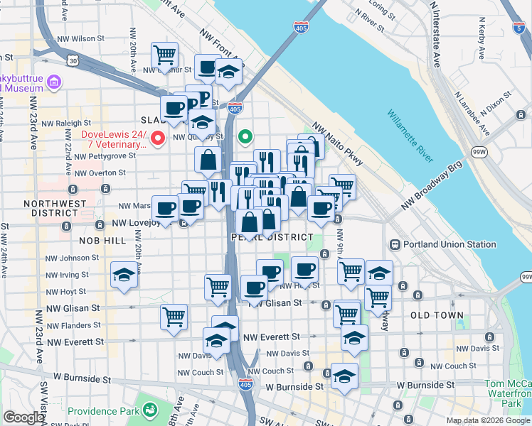 map of restaurants, bars, coffee shops, grocery stores, and more near in Portland