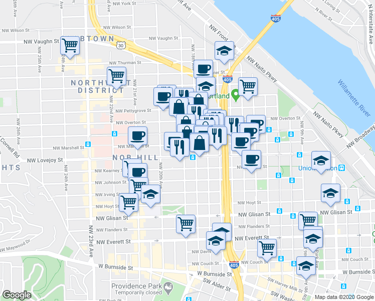 map of restaurants, bars, coffee shops, grocery stores, and more near in Portland