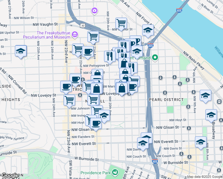 map of restaurants, bars, coffee shops, grocery stores, and more near 1120 Northwest 20th Avenue in Portland