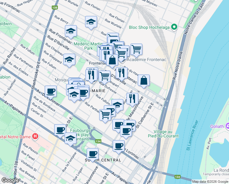 map of restaurants, bars, coffee shops, grocery stores, and more near Rue Dufresne in Montréal