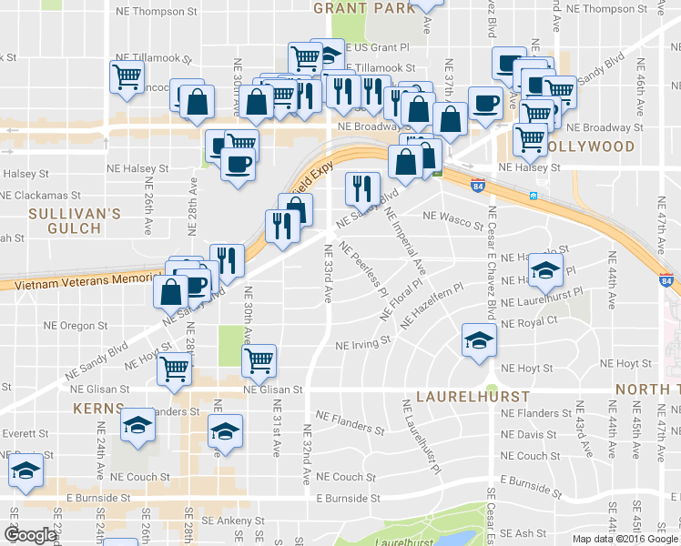 map of restaurants, bars, coffee shops, grocery stores, and more near 3325 Northeast Holladay Street in Portland