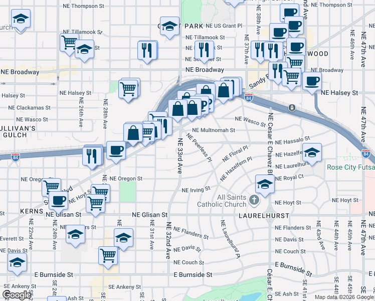 map of restaurants, bars, coffee shops, grocery stores, and more near 3331 Northeast Peerless Place in Portland