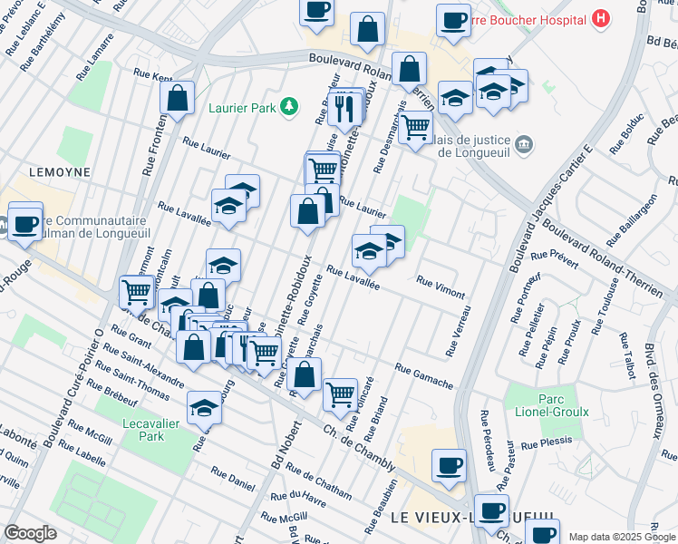 map of restaurants, bars, coffee shops, grocery stores, and more near Rue Desmarchais in Longueuil