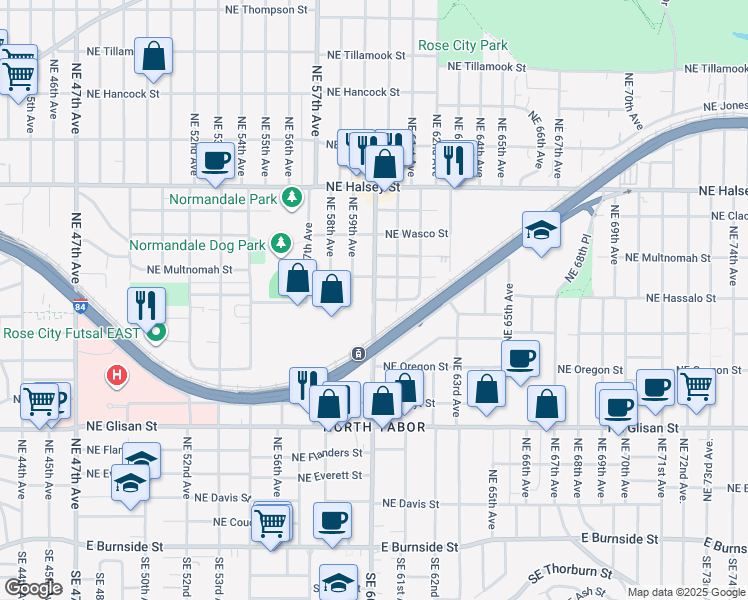 map of restaurants, bars, coffee shops, grocery stores, and more near NE 60th Ave & NE Holladay St in Portland