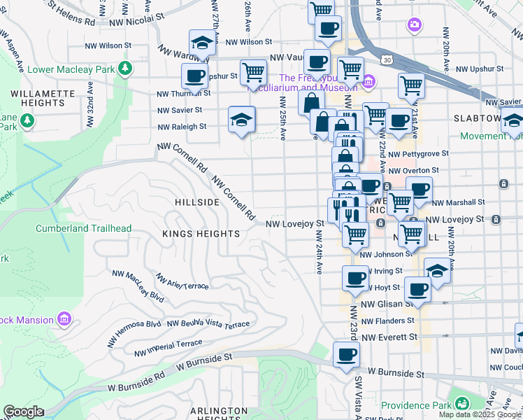 map of restaurants, bars, coffee shops, grocery stores, and more near 2566 Northwest Marshall Street in Portland