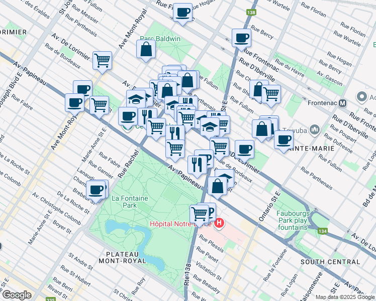 map of restaurants, bars, coffee shops, grocery stores, and more near 3557 Rue Dorion in Montreal