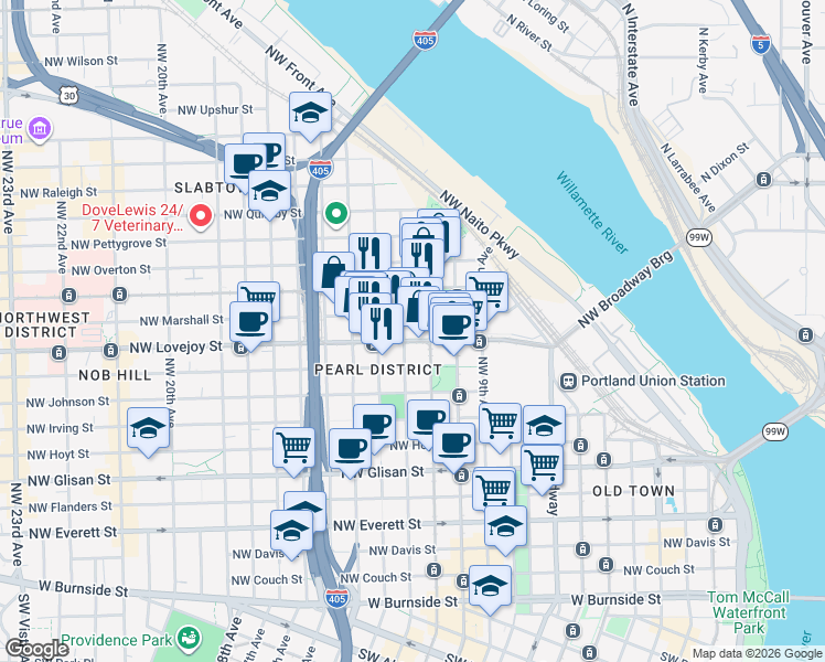 map of restaurants, bars, coffee shops, grocery stores, and more near 1030 Northwest 12th Avenue in Portland