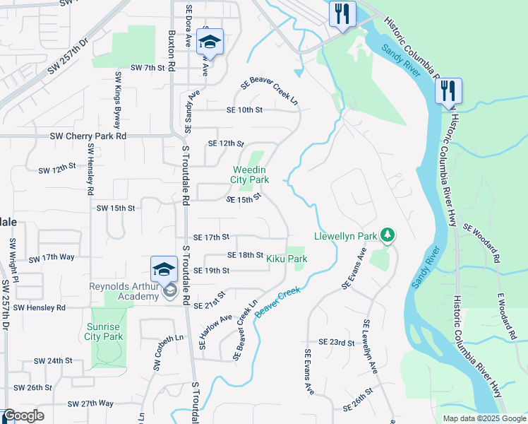 map of restaurants, bars, coffee shops, grocery stores, and more near 613 Southeast 15th Street in Troutdale