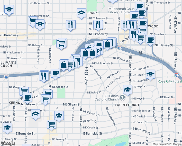 map of restaurants, bars, coffee shops, grocery stores, and more near 3335 Northeast Holladay Street in Portland