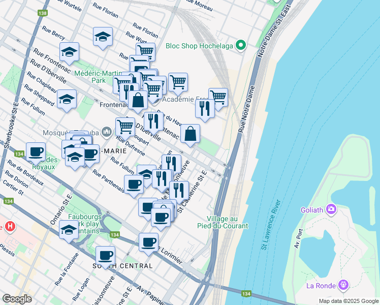 map of restaurants, bars, coffee shops, grocery stores, and more near 2511 Boulevard de Maisonneuve Est in Montréal