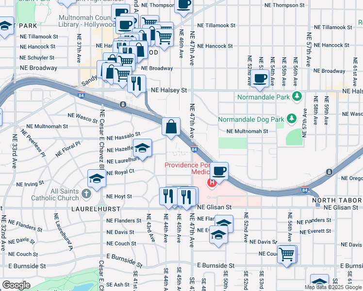 map of restaurants, bars, coffee shops, grocery stores, and more near 1009 Northeast 47th Avenue in Portland