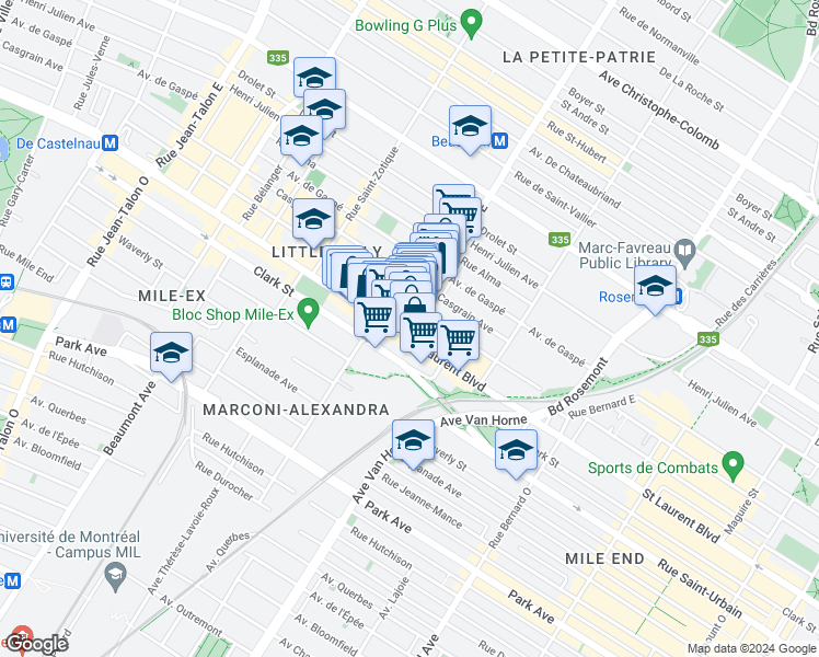 map of restaurants, bars, coffee shops, grocery stores, and more near 22 Rue Beaubien Est in Montréal