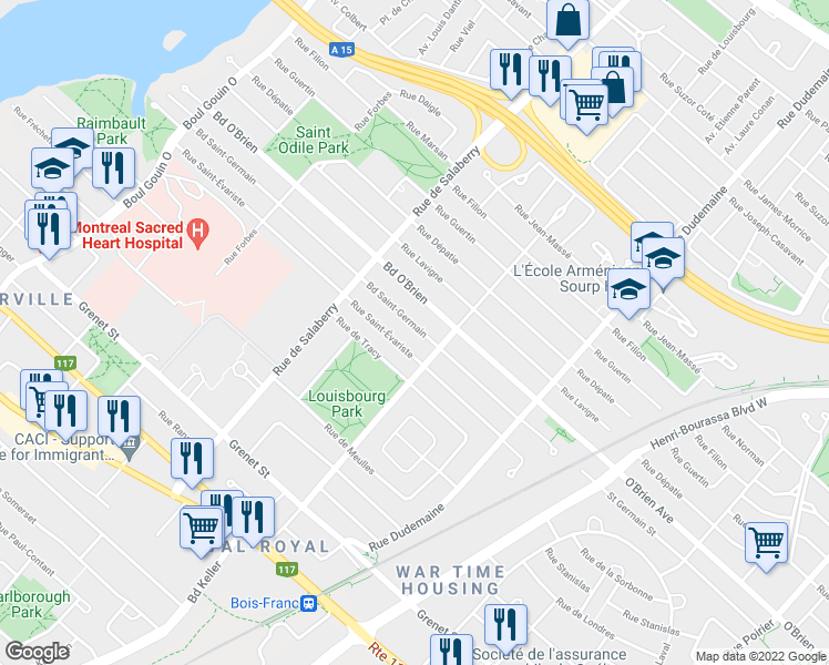 map of restaurants, bars, coffee shops, grocery stores, and more near 11886 Boulevard Saint-Germain in Montréal