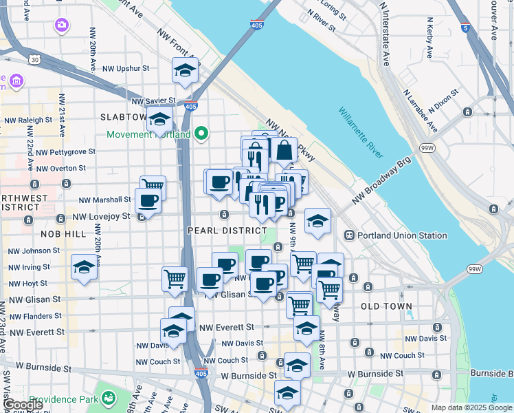 map of restaurants, bars, coffee shops, grocery stores, and more near 1030 Northwest 12th Avenue in Portland