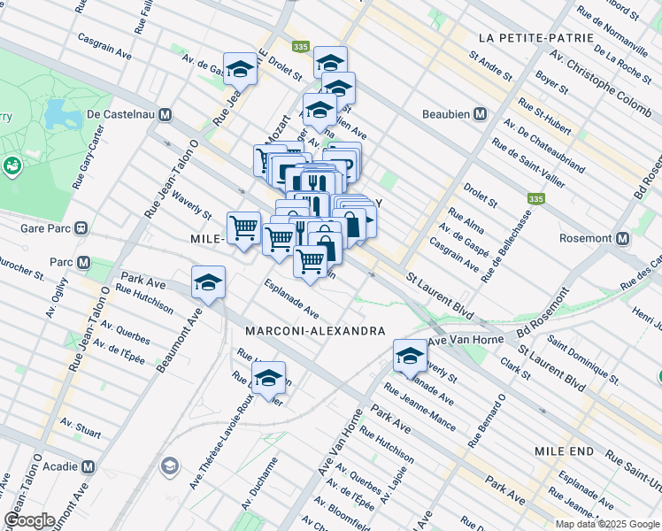 map of restaurants, bars, coffee shops, grocery stores, and more near in Montreal