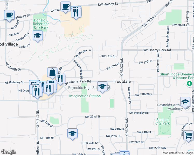 map of restaurants, bars, coffee shops, grocery stores, and more near 1663 Southwest Cherry Park Road in Troutdale