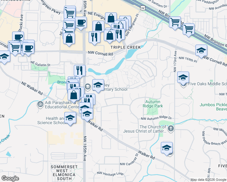 map of restaurants, bars, coffee shops, grocery stores, and more near 1510 Northwest Tremaine Court in Beaverton