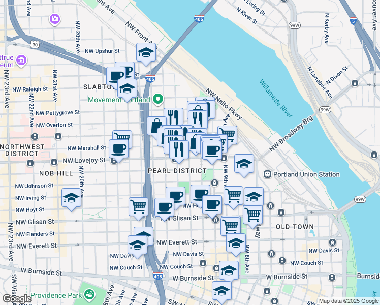 map of restaurants, bars, coffee shops, grocery stores, and more near 1229 Northwest Marshall Street in Portland
