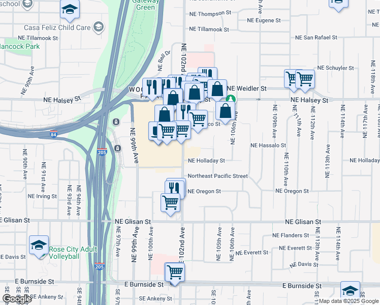 map of restaurants, bars, coffee shops, grocery stores, and more near 1030 Northeast 102nd Avenue in Portland