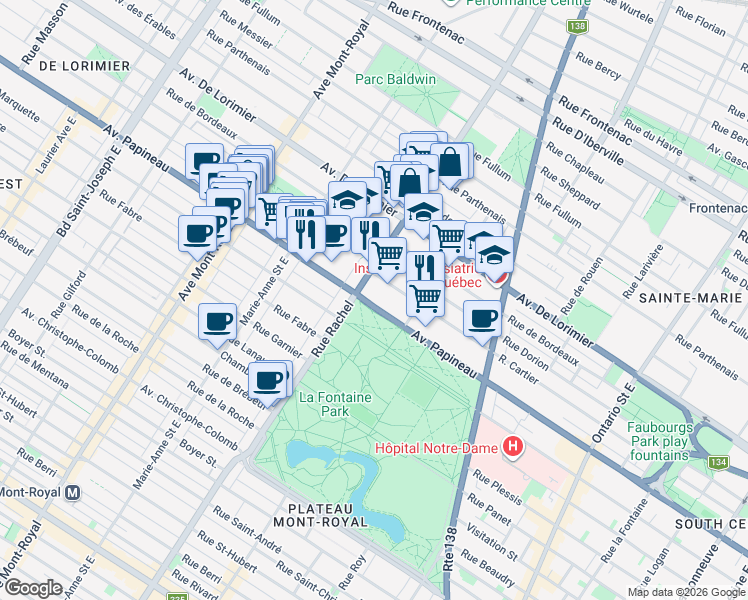 map of restaurants, bars, coffee shops, grocery stores, and more near 4105 Rue Papineau in Montréal