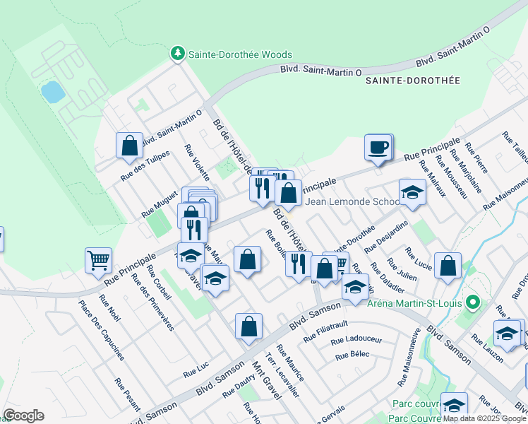 map of restaurants, bars, coffee shops, grocery stores, and more near in Laval