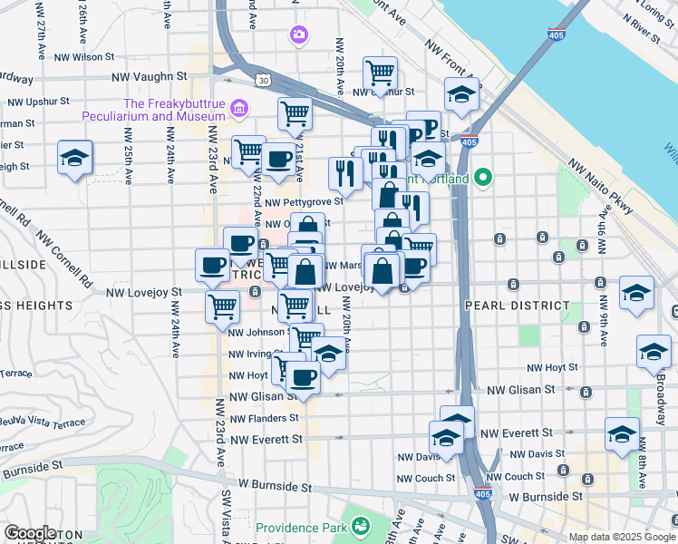 map of restaurants, bars, coffee shops, grocery stores, and more near 1120 Northwest 20th Avenue in Portland