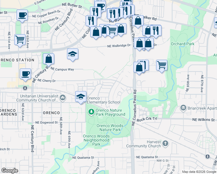 map of restaurants, bars, coffee shops, grocery stores, and more near 7382 Northeast Stonewater Street in Hillsboro