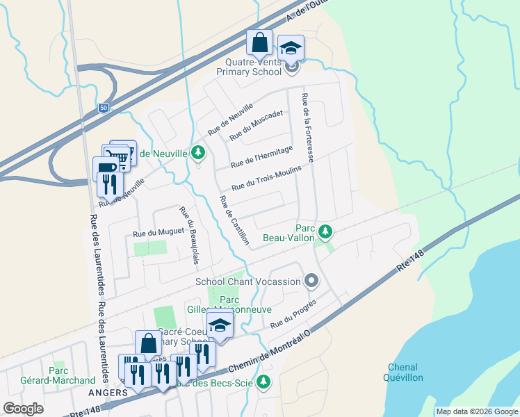 map of restaurants, bars, coffee shops, grocery stores, and more near 121 Rue de Strasbourg in Gatineau