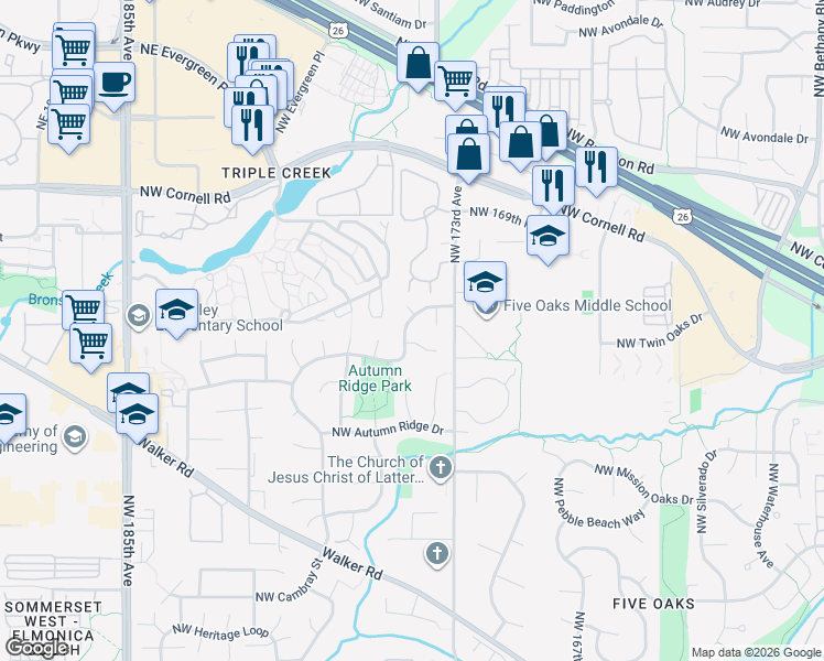 map of restaurants, bars, coffee shops, grocery stores, and more near 1570 Northwest 175th Place in Beaverton