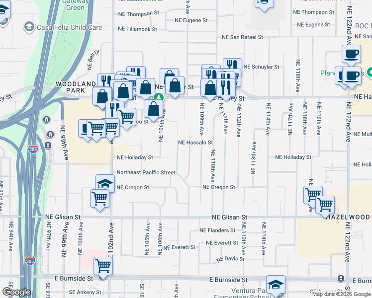 map of restaurants, bars, coffee shops, grocery stores, and more near 1115 Northeast 108th Avenue in Portland