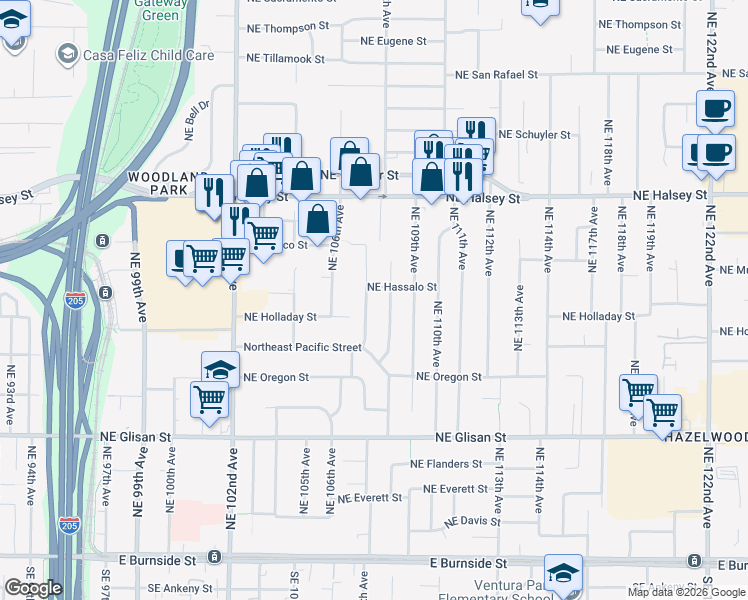 map of restaurants, bars, coffee shops, grocery stores, and more near 1115 Northeast 108th Avenue in Portland