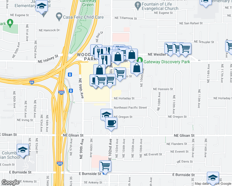 map of restaurants, bars, coffee shops, grocery stores, and more near 1112 Northeast 102nd Avenue in Portland