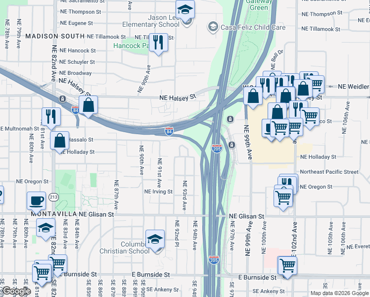 map of restaurants, bars, coffee shops, grocery stores, and more near 9240 Northeast Hassalo Street in Portland