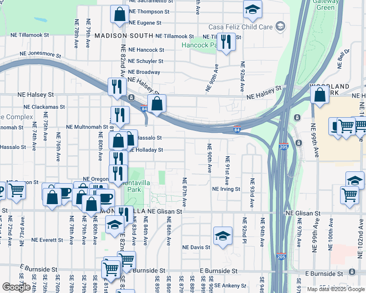 map of restaurants, bars, coffee shops, grocery stores, and more near 8635 Northeast Hassalo Street in Portland